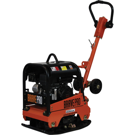 Side view of the Brave 15-Inch Reversible Plate Compactor with the handle and transport wheels visible, highlighting its compact and robust design.