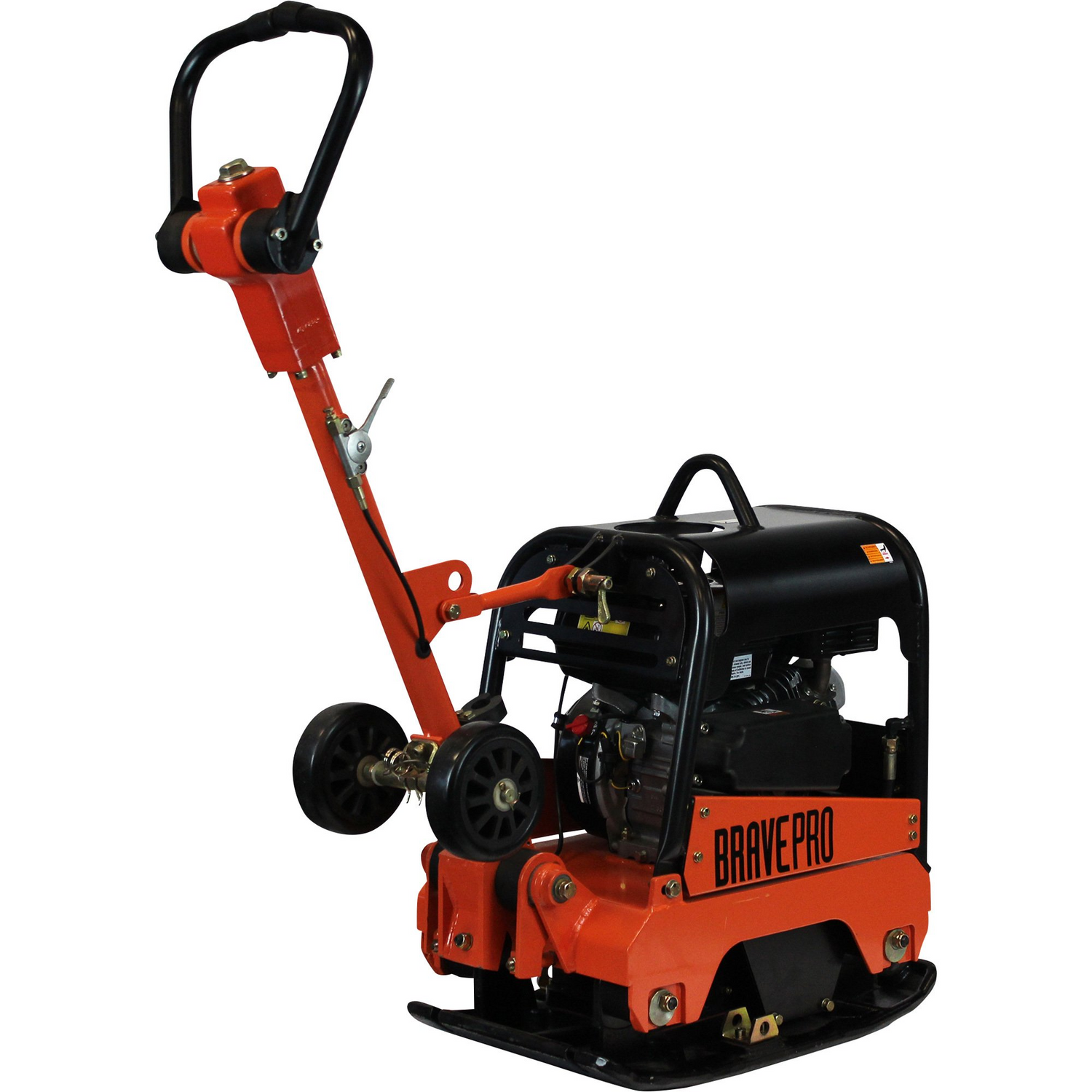 Angled side view of the Brave 15-Inch Reversible Plate Compactor, with the handle and hydraulic adjustment control lever clearly visible.