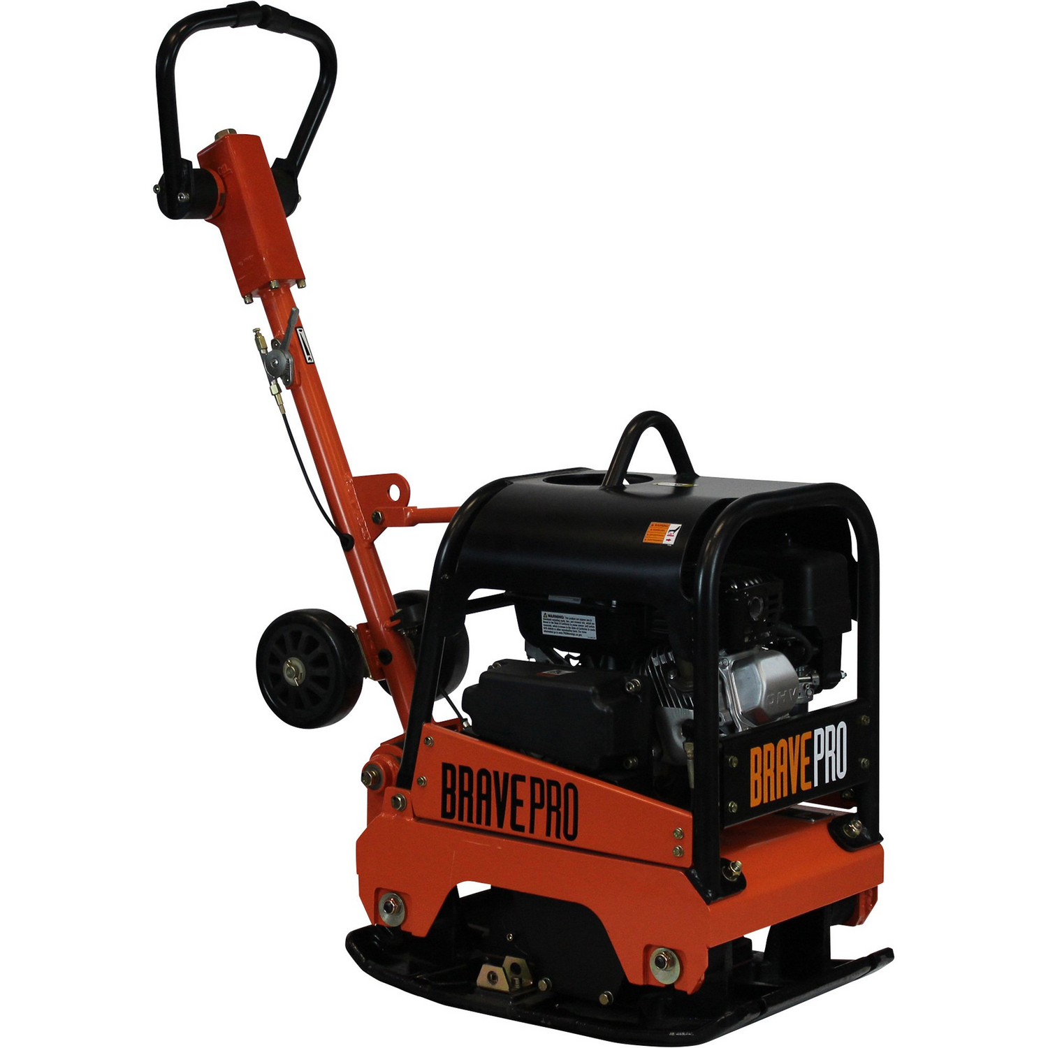 Angled rear view of the Brave 15-Inch Reversible Plate Compactor, showing the ergonomic handle and the baseplate.