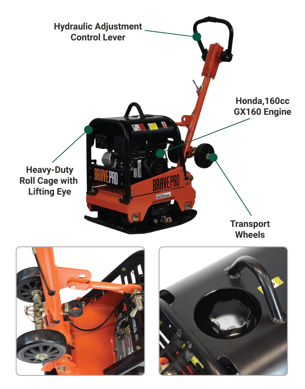 A detailed photo of the Brave 15-Inch Reversible Plate Compactor with callout text that labels the "Hydraulic Adjustment Control Lever," "Honda 160cc GX160 Engine," "Heavy-Duty Roll Cage with Lifting Eye," and "Transport Wheels."