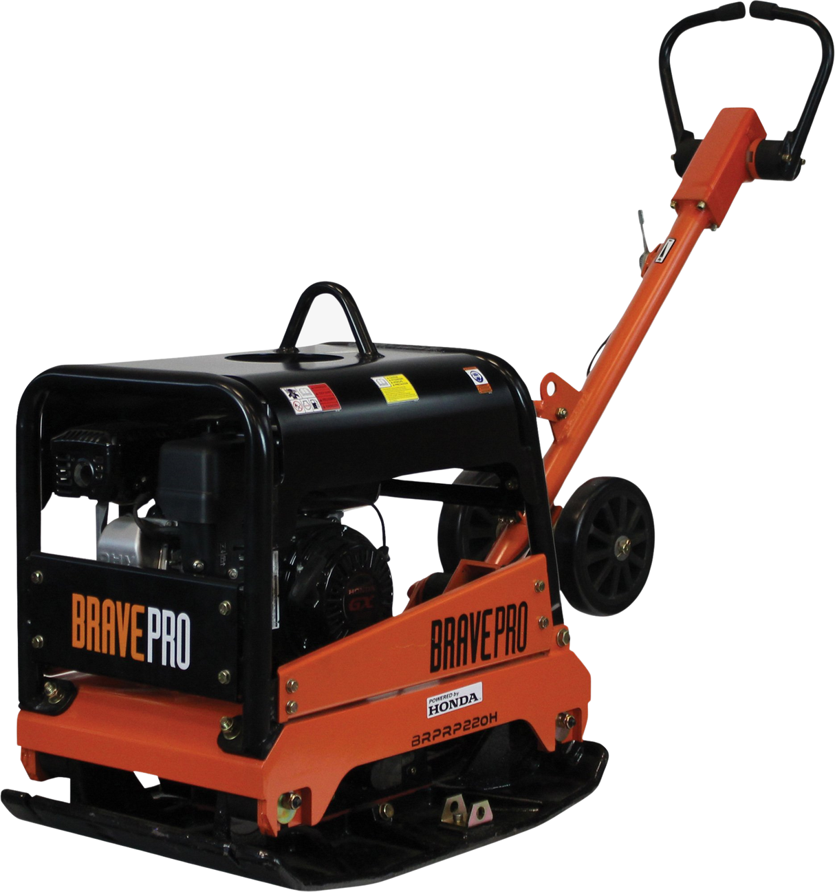 Three-quarter view of the Brave 20-Inch Reversible Plate Compactor, showing its black and orange body, ergonomic handle, and the black plate base designed for soil compaction.