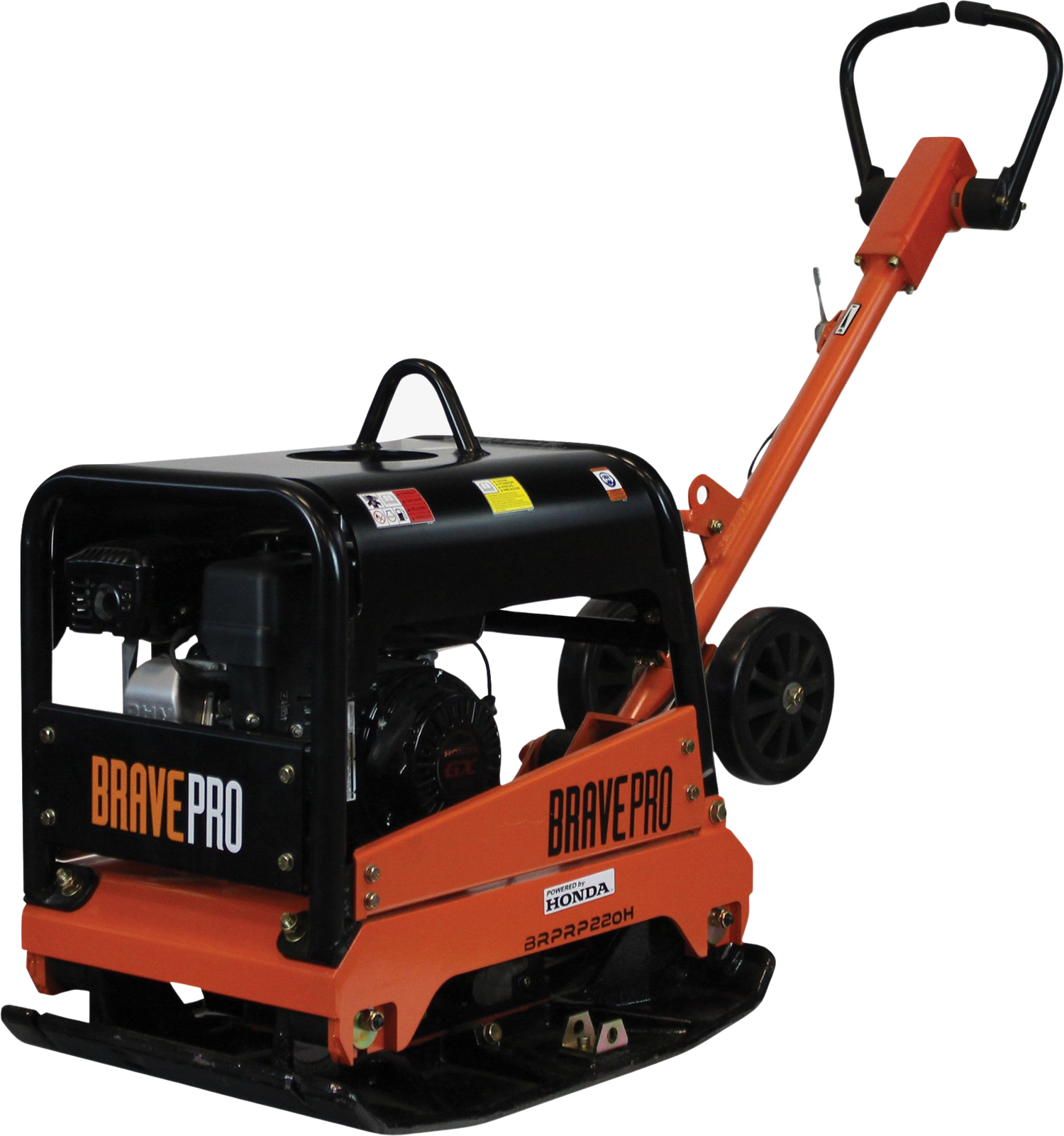 Three-quarter view of the Brave 20-Inch Reversible Plate Compactor, showing its black and orange body, ergonomic handle, and the black plate base designed for soil compaction.