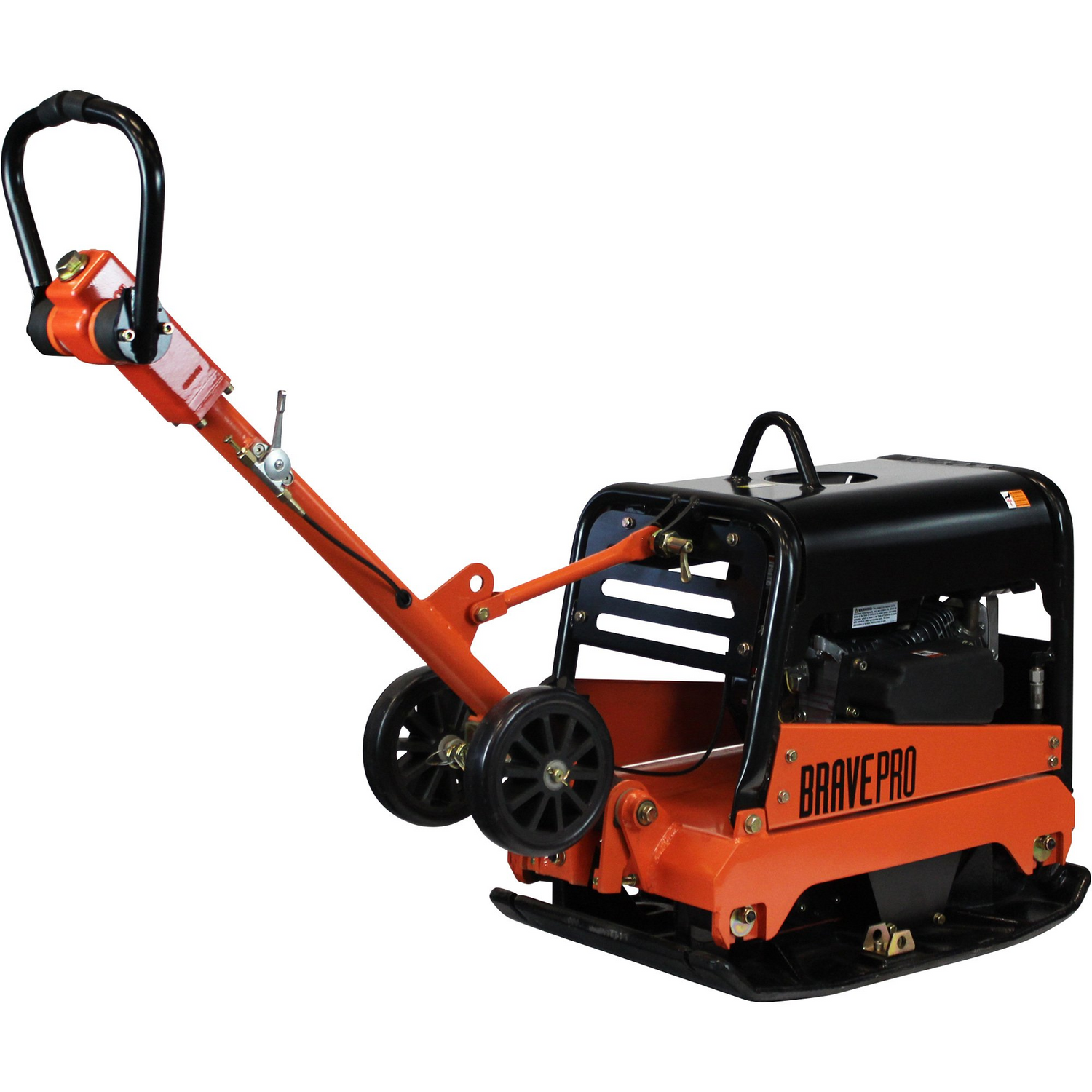 Side view of the Brave 20-Inch Reversible Plate Compactor, highlighting its compact design with a large orange handle, black engine cover, and two small transport wheels.