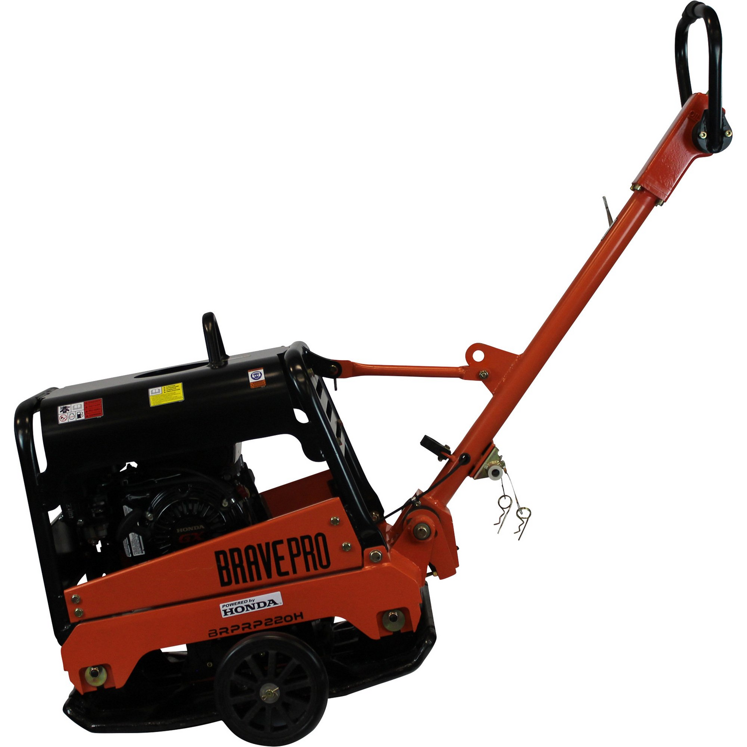 Angled side view of the Brave 20-Inch Reversible Plate Compactor, showing the ergonomic handle and the large black baseplate.