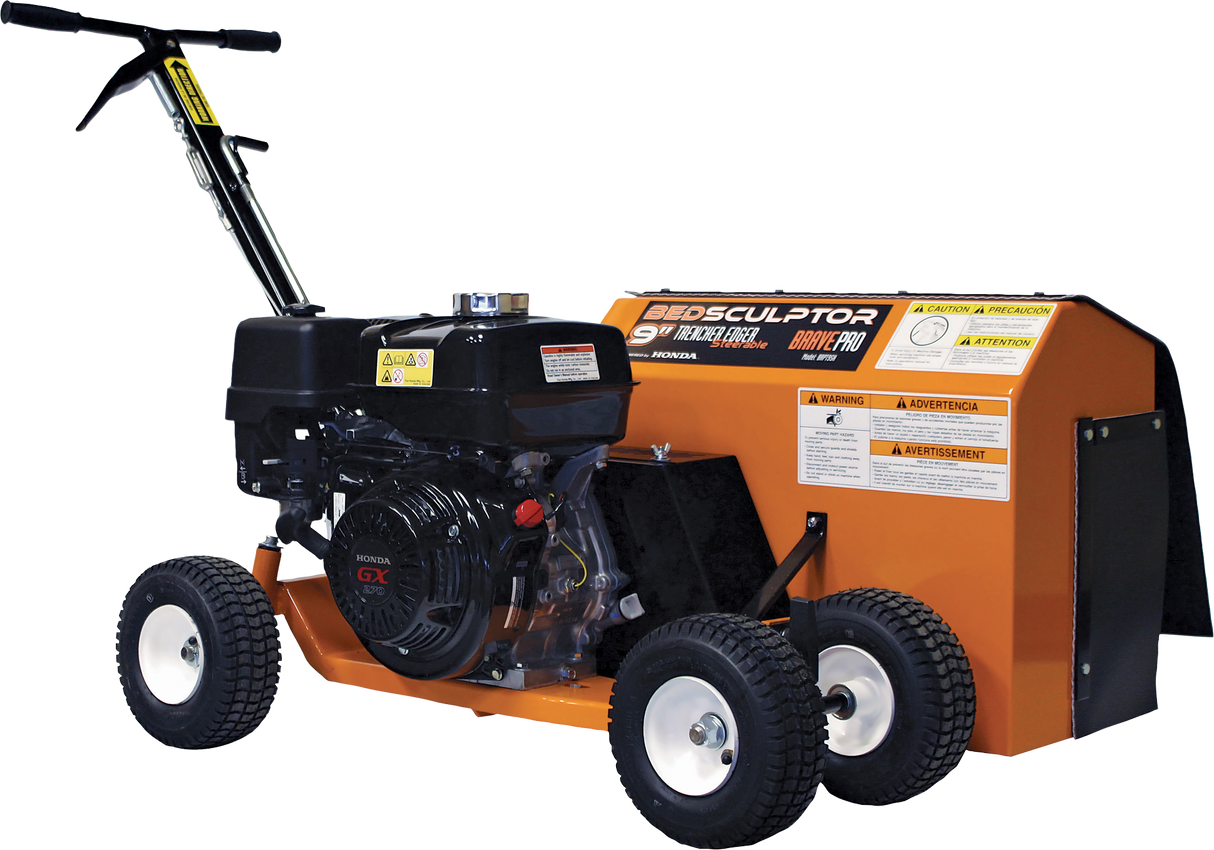 Three-quarter view of the Brave 9-in. Steerable Trencher/Bed Sculptor, showing its compact, steerable design with the engine and all four wheels visible. The product features several warning decals.