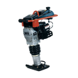 Full angled view of the Brave Tamping Rammer on a checkered background, highlighting its compact build with an orange and black engine and a silver bellow over the shoe.