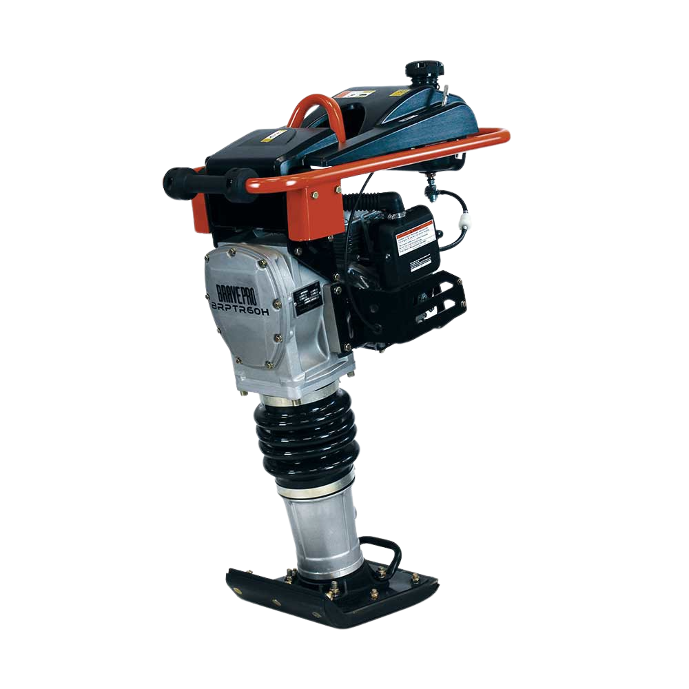 Full angled view of the Brave Tamping Rammer on a checkered background, highlighting its compact build with an orange and black engine and a silver bellow over the shoe.