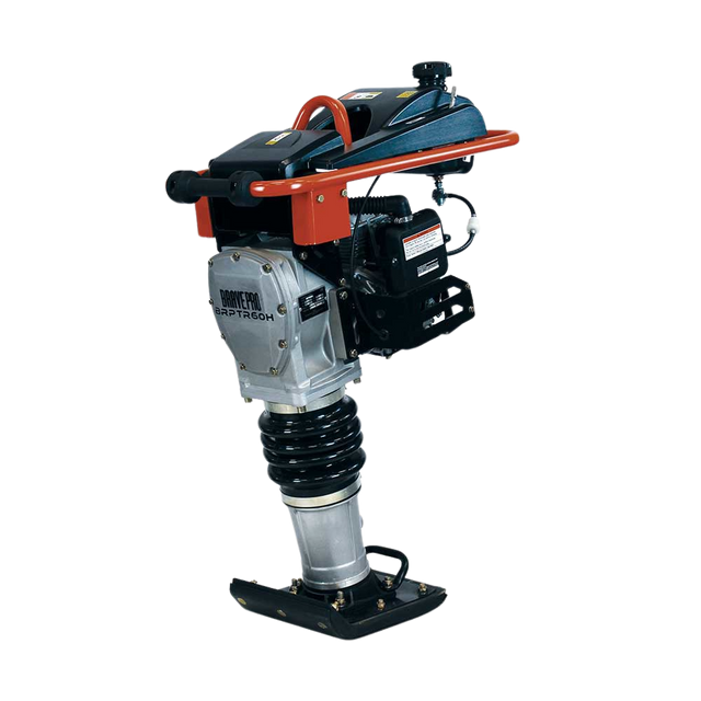 Full angled view of the Brave Tamping Rammer on a checkered background, highlighting its compact build with an orange and black engine and a silver bellow over the shoe.