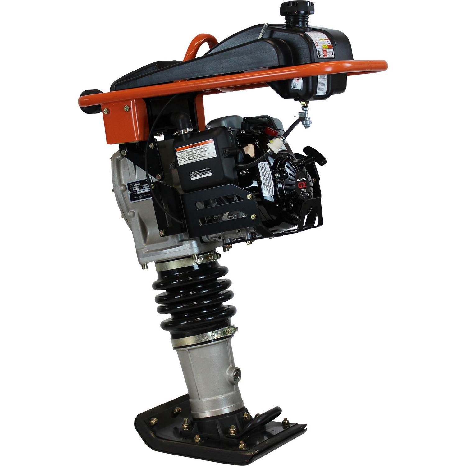 Three-quarter view of the Brave Tamping Rammer, showcasing its handle design, compact engine, and the durable construction for tight spaces.