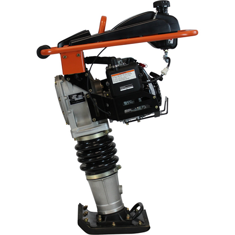 Side view of the Brave Tamping Rammer, showing its full profile from the orange handle down to the black base plate, with the engine and spring-loaded handle visible.