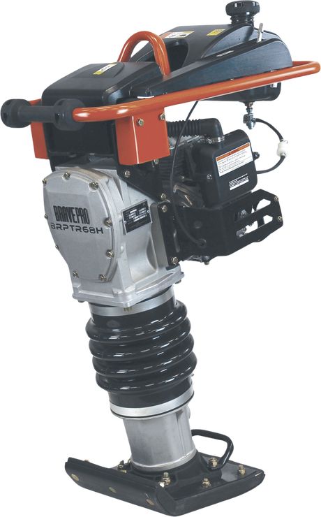 Three-quarter view of the Brave Tamping Rammer, showcasing the unit's handle, engine, and baseplate on a transparent background.