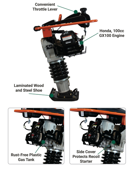 A detailed photo of the Brave Tamping Rammer with callout text that labels the "Convenient Throttle Lever," "Honda, 100cc GX100 Engine," "Laminated Wood and Steel Shoe," "Rust-Free Plastic Gas Tank," and "Side Cover Protects Recoil Starter."