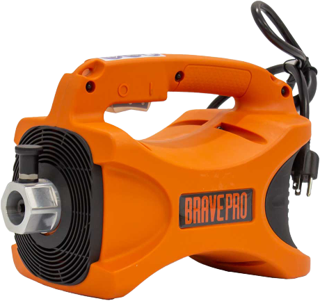 An orange Brave Pro concrete vibrator, model BRPV105, with the logo visible on the handle, shown on a checkerboard background for a transparent PNG file.