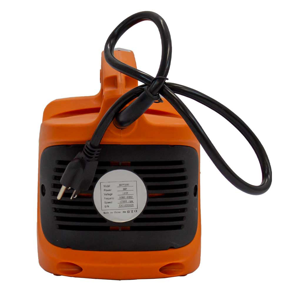 A rear view of the orange Brave concrete vibrator, showing the power cord, electrical plug, and a product label with specifications.