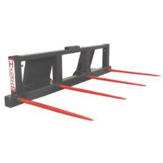 A black Skid-Steer Large Square Bale Spear with two 42-inch and two 34-inch cold-rolled red tines, featuring a heavy-duty frame and high-back extensions.