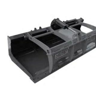 A black skid-steer bucket grapple with a single grapple clam, bolt-on teeth, and removable sides, shown from an angled view.