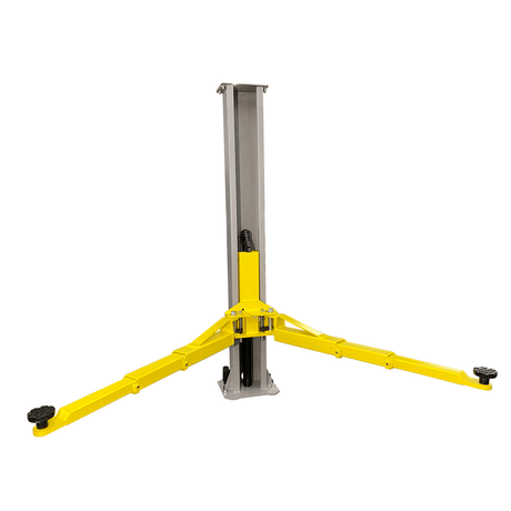 A side view of a single post from the Triumph C-7000 Two-Post Car Lift, showing the light grey post with a yellow arm attached to it. The arm has a four-point adjustable base for different vehicles.