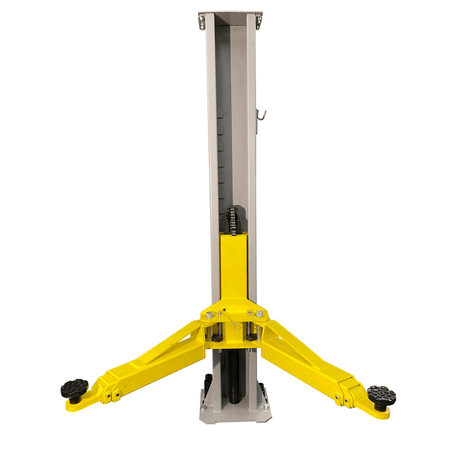 A close-up view of the base and a portion of the post on the Triumph C-7000 Two-Post Car Lift, with the yellow arms extended. The hydraulic cylinder is visible inside the post, and a black hose is attached.