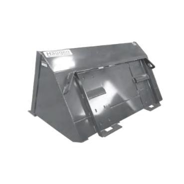 A gray Skid-Steer Compact Loader Fertilizer Bucket from Haugen, showing its angled shape, heavy-duty construction with high-carbon stiffeners, and a pre-drilled cutting edge.