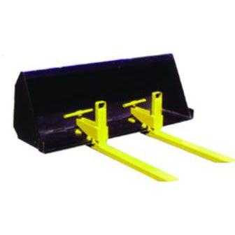 A close-up front view of a black bucket with two yellow clamp-on bucket forks attached to it.