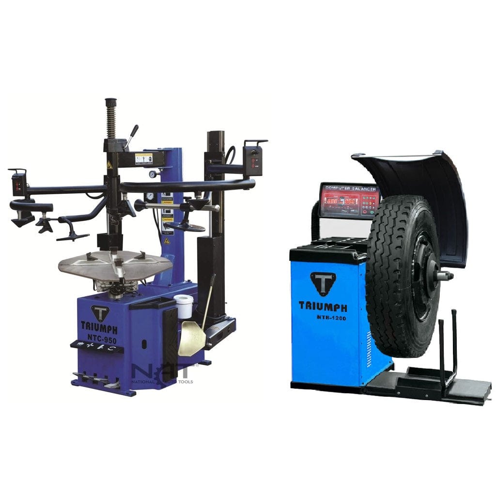 A blue Triumph NTC-950-2 tire changer and NTB-1200 wheel balancer combo, featuring the tire changer on the left and the wheel balancer with a tire on the right.