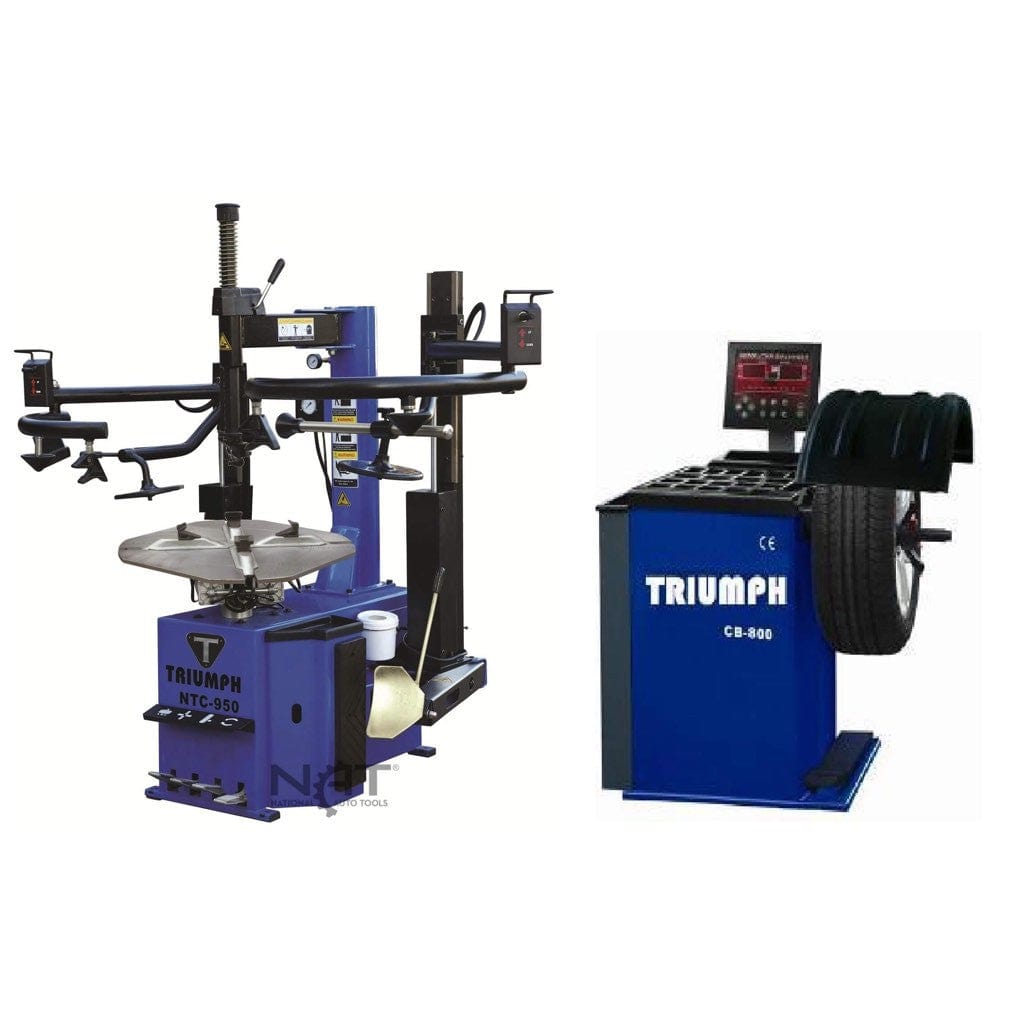 A professional tire service combo kit featuring a blue Triumph NTC-950-2 tire changer and an NTB-800 wheel balancer, designed for high-volume shops.