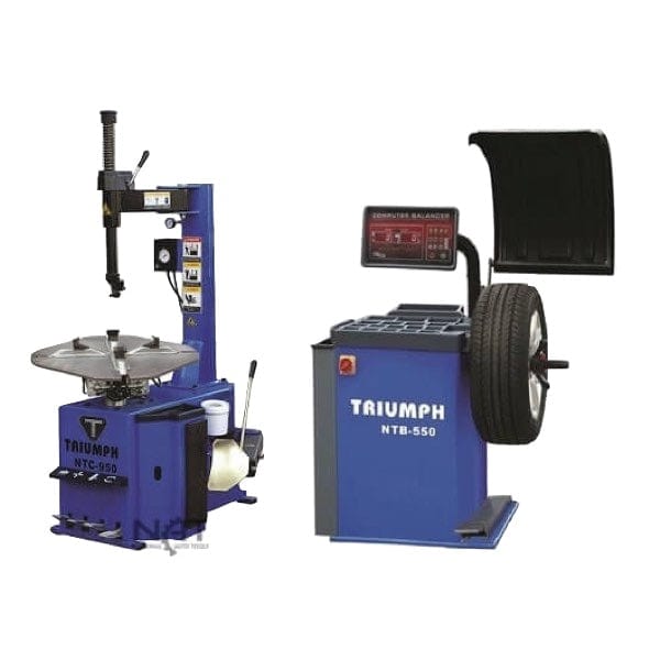 A blue Triumph NTC-950 tire changer and NTB-550 wheel balancer combo kit, displayed side-by-side.