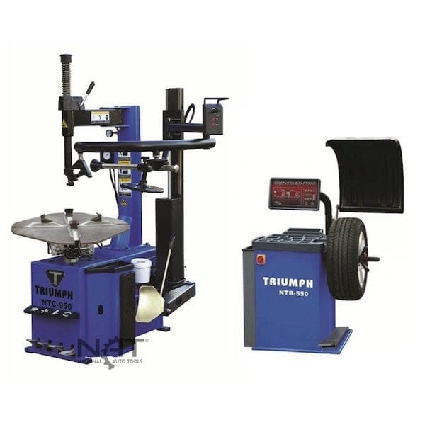 A professional tire service combo kit featuring the blue Triumph NTC-950-1 tire changer and NTB-550 wheel balancer, designed for use with passenger and light truck tires.