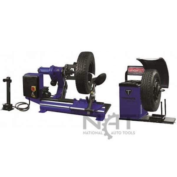 A purple NTC-650 Tire Changer with a robotic arm and a purple NTB-1200 Wheel Balancer, with a tire mounted on its stand. Both machines are shown on a white background with "NATIONAL AUTO TOOLS" branding on the base.
