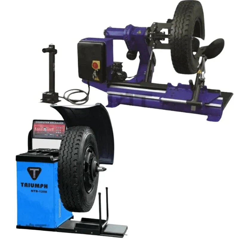 The Triumph NTC-690 tire changer and NTB-1200 wheel balancer combo, showing the large blue NTC-690 tire changer on the left with a robotic arm and the NTB-1200 on the right.