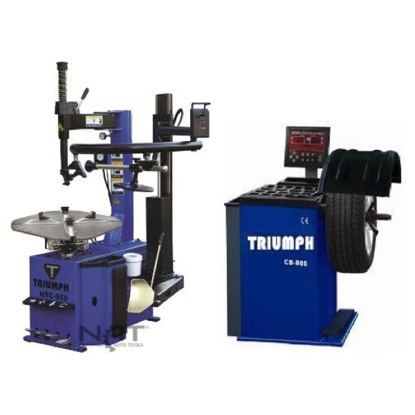 The Triumph NTC-950-1 tire changer and NTB-800 wheel balancer combo, showing both blue machines side-by-side