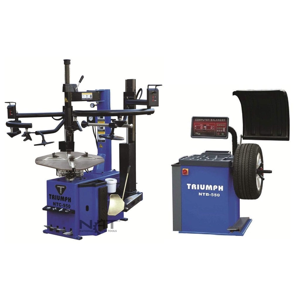 The Triumph NTC-950-2 tire changer and NTB-550 wheel balancer combo, showing both blue machines side-by-side.