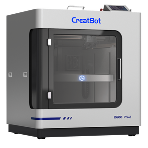CreatBot D600 Pro 2 professional 3D printer viewed from a slightly angled front perspective, highlighting the sleek white and blue design and the see-through enclosure.