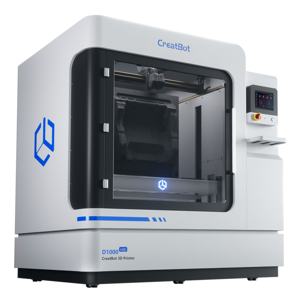 A front angled view of the CreatBot D1000 HS industrial 3D printer, showcasing the "CreatBot" logo, the "D1000 HS" name, and the blue branding accents.