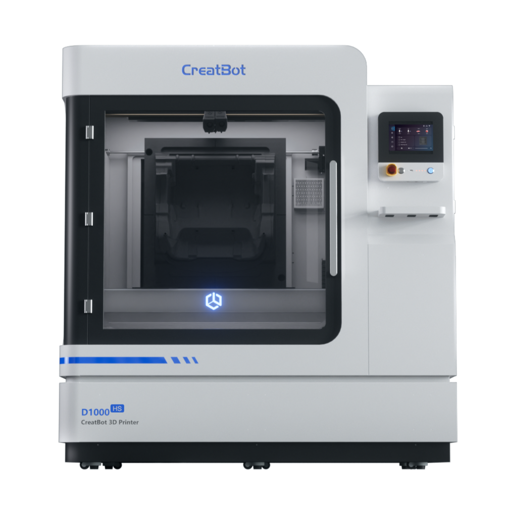 A direct front view of the CreatBot D1000 HS industrial 3D printer, emphasizing the large build chamber, the user-friendly interface on the control box, and the overall compact, professional design.