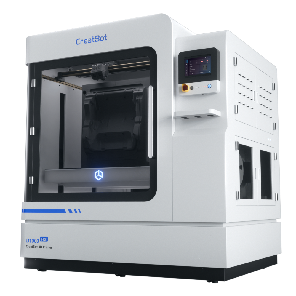 The CreatBot D1000 HS industrial 3D printer, shown from a side angle, highlighting its large, transparent build chamber and the external control box with the user interface screen.