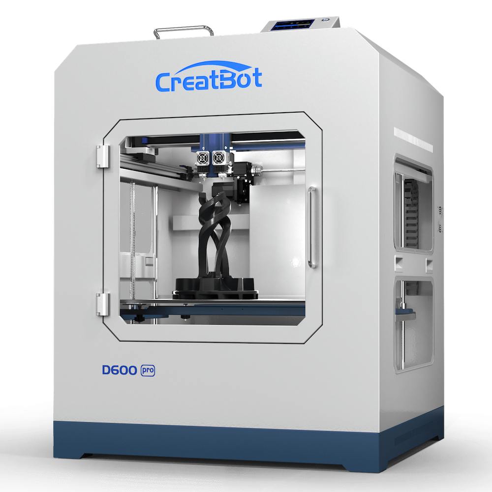 A front-angled view of the CreatBot D600 Pro Industrial Dual Extruder 3D Printer, showing its closed enclosure with the D600 Pro logo visible on the base.
