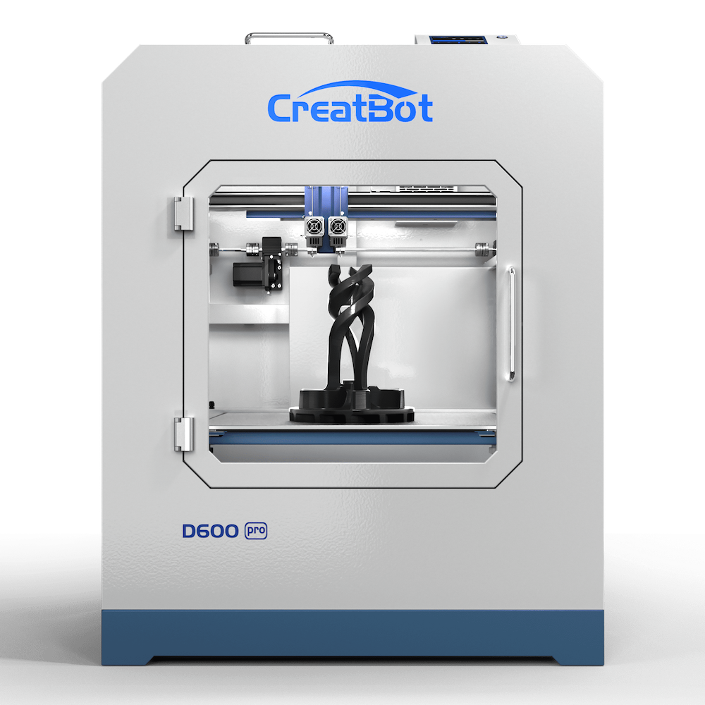 A front view of the CreatBot D600 Pro 3D printer with its glass door slightly ajar, revealing the dual extruder and a black printed object on the build plate inside the printing chamber.
