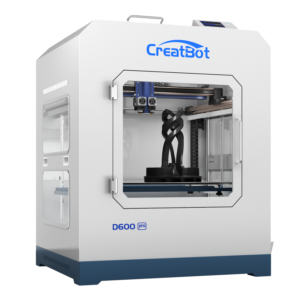 A front-facing three-quarter angle shot of the CreatBot D600 Pro Industrial Dual Extruder 3D Printer, with its front glass door closed and a partially finished black object on the build plate.