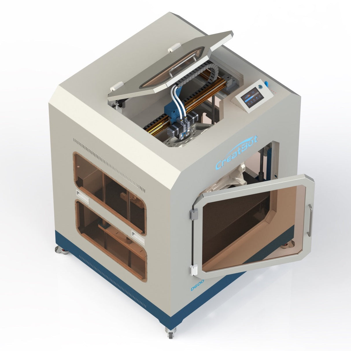 A three-quarter angle view of the CreatBot D600 Pro printer with its top and front doors open, showcasing the internal printing area, gantry system, and extruders, while a control panel is visible on the side.