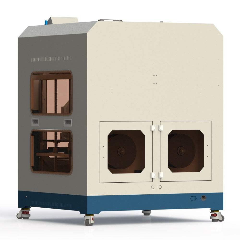 The back view of the CreatBot D600 Pro 3D printer, highlighting the two exhaust fans and the filament storage compartments at the bottom, all within its beige and blue metal casing.