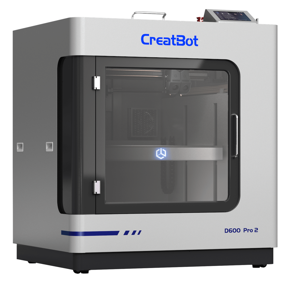 CreatBot D600 Pro 2 professional 3D printer viewed from a slightly angled front perspective, highlighting the sleek white and blue design and the see-through enclosure.