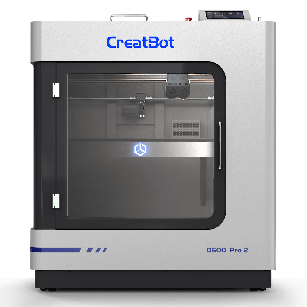 CreatBot D600 Pro 2 large-format 3D printer viewed from the front, showcasing the enclosed build chamber, dual extruders, and the "CreatBot" logo on the top panel.