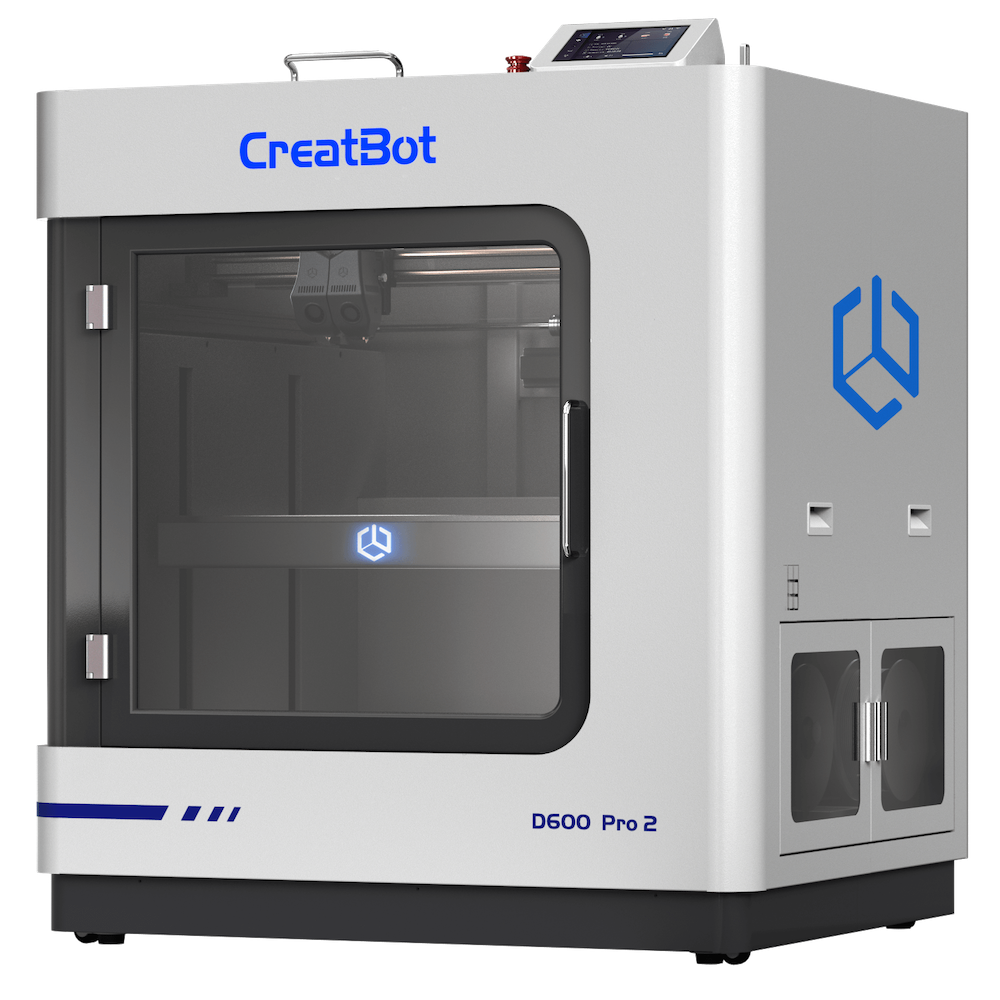 CreatBot D600 Pro 2 leading large-format 3D printer viewed from a side angle, revealing the side panel with ventilation grilles and a door, and the 'D600 Pro 2' model name on the base.