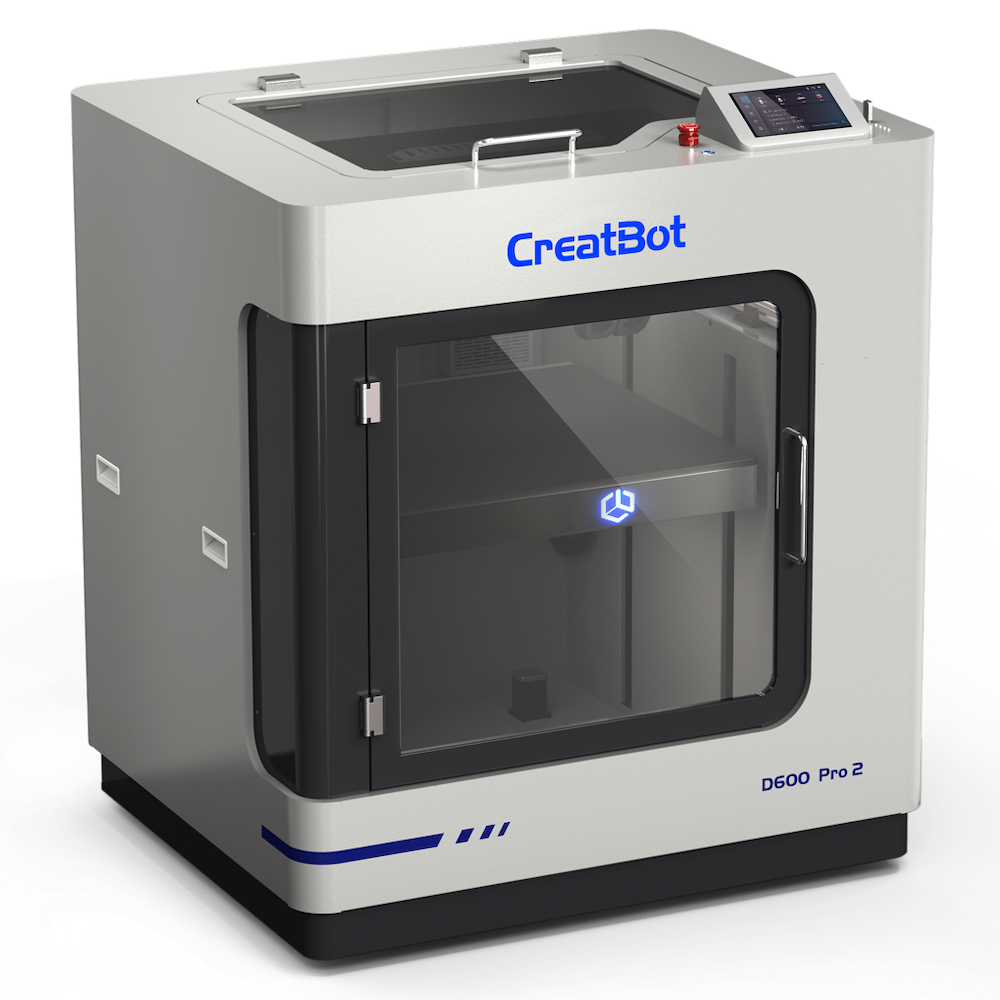 CreatBot D600 Pro 2 large-format 3D printer seen from a top-down view, showing the top of the machine and the openable lid, providing a clear view of the build platform and hotend assembly.