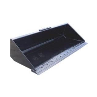 A black skid-steer dirt bucket with a 3/8" heavy-duty plate, a 1/4" steel floor, and a 3/4" x 6" beveled edge.