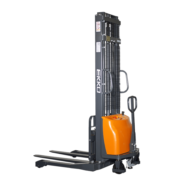 Full-front view of the black and orange EKKO EA15A-138 Semi-Electric Straddle Stacker, with the mast fully lowered, set against a transparent background.