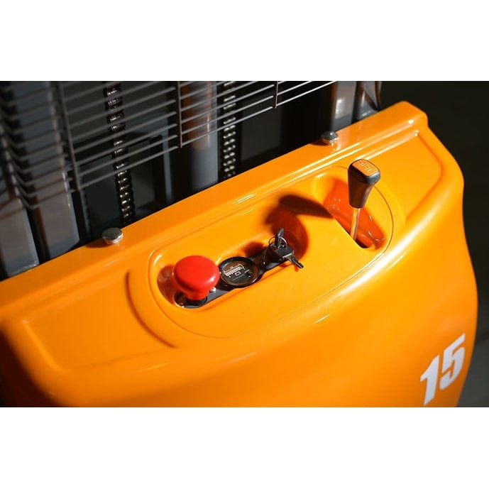 Close-up of the orange control panel of the EKKO EA15A-138 Semi-Electric Straddle Stacker, showing the key ignition and red emergency stop button.