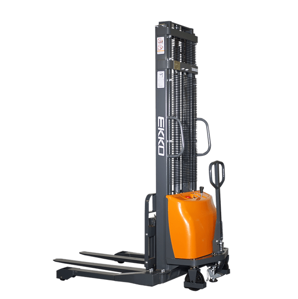 A gray and orange EKKO EA15A Semi-Electric Straddle Stacker shown from an angled front view, with its adjustable straddle legs and forks in the lowered position on a transparent background.