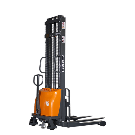 A side view of the gray and orange EKKO EA15A Semi-Electric Straddle Stacker with its mast and forks fully lowered on a transparent background.